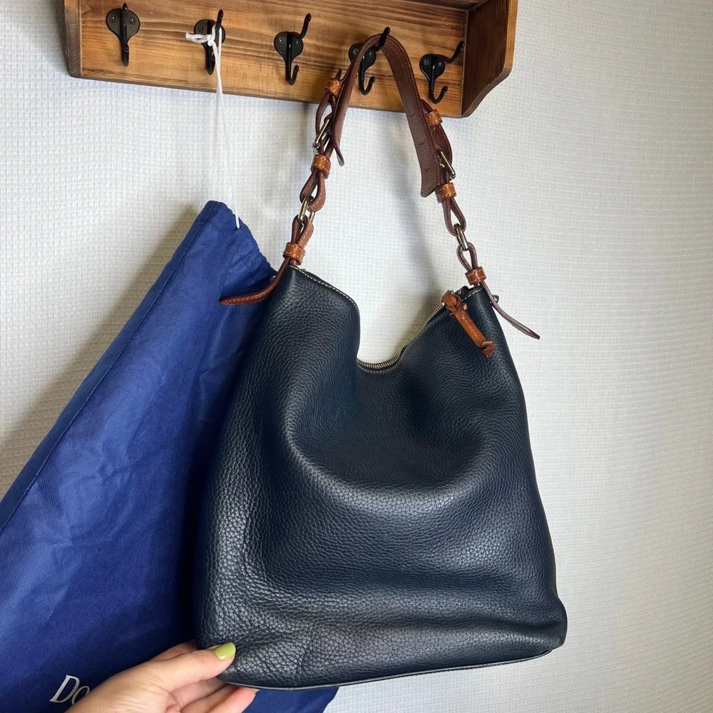 Dooney & Bourke Navy Blue Pebbled Leather Hobo Bag Tan Trim Braided Strap